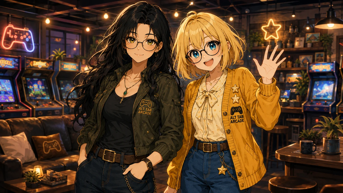 Sage and Goldie welcoming players to AltTabArcade